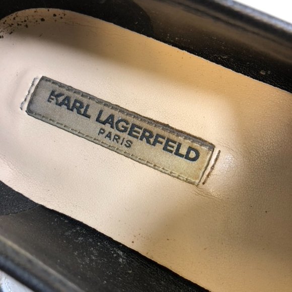 Women Karl Lagerfeld sz 8,5 leather slip on color block black/gold - Picture 2 of 6